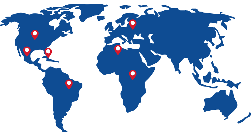 World map with location pins in the United States, North Africa, Sub-Saharan Africa, Europe, Latin America/Caribbean and Brazil